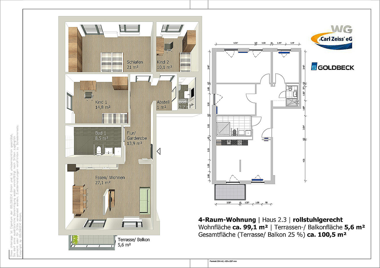 Grundriss einer rollstuhlgerechten 4-Raum-Wohnung in den Erlenhöfen Jena mit ca. 99,1 m² Wohnfläche und Balkon.