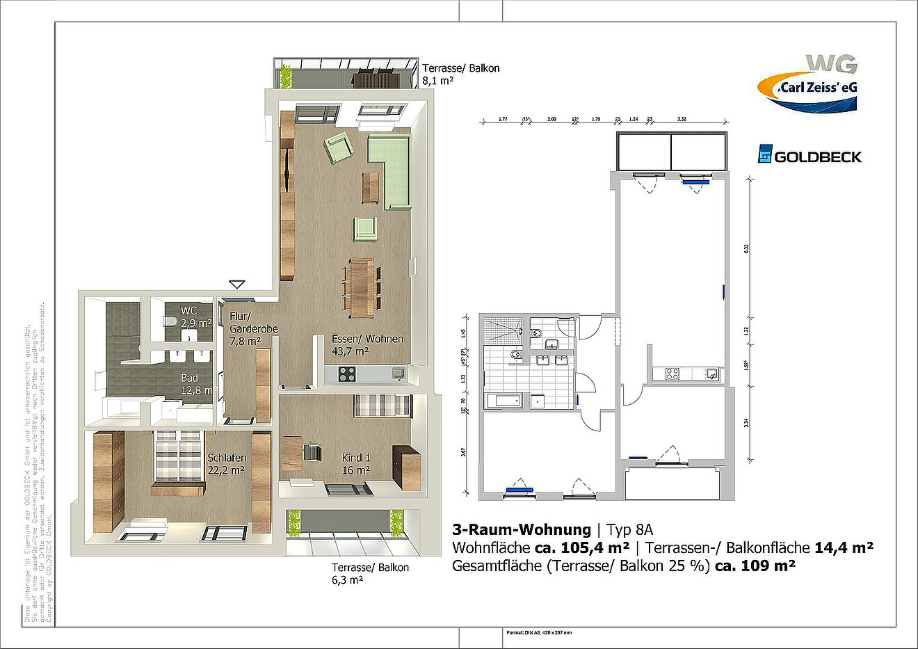 Grundriss der großzügigen 3-Raum-Wohnung Typ 8A in den Erlenhöfen Jena mit ca. 105,4 m² Wohnfläche und zwei Balkonen