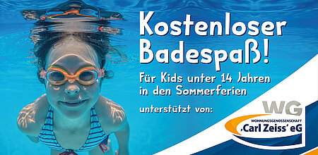 Kind taucht mit Schwimmbrille im Freibad. Die WG Carl Zeiss ermöglicht Kindern bis 14 Jahre während der Sommerferien kostenlosen Eintritt in das Ostbad, Südbad Jena und Freibad Camburg.