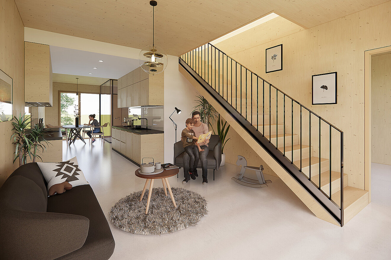 Visualisierung einer Maisonettewohnung im Projekt Erlengrün mit offenem Wohnbereich, Holztreppe, Küche und einer Familie.