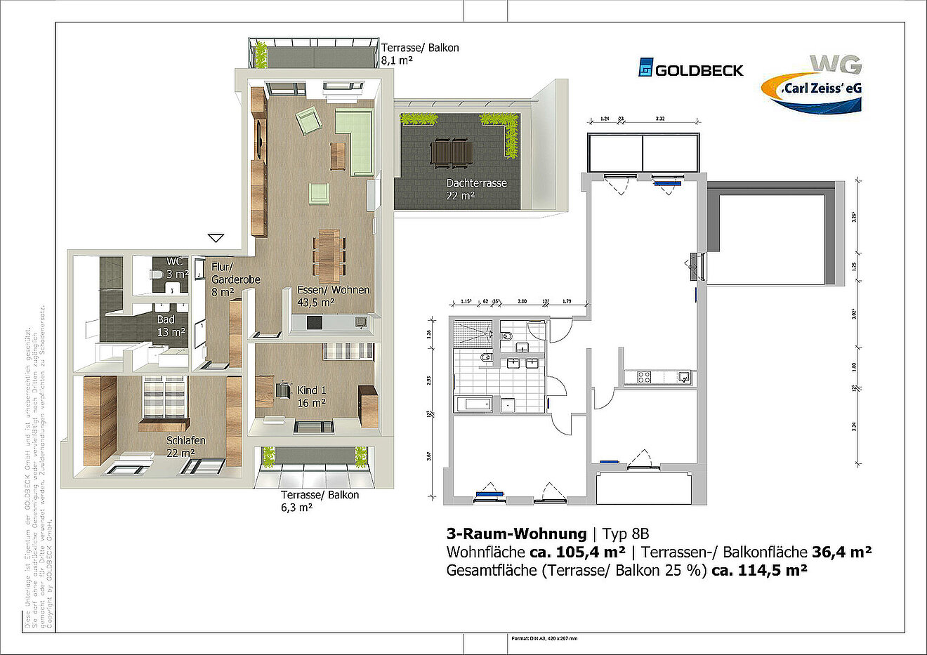 Grundriss der 3-Raum-Wohnung Typ 8B in den Erlenhöfen Jena mit ca. 105,4 m² Wohnfläche, Balkonen und großer Dachterrasse.