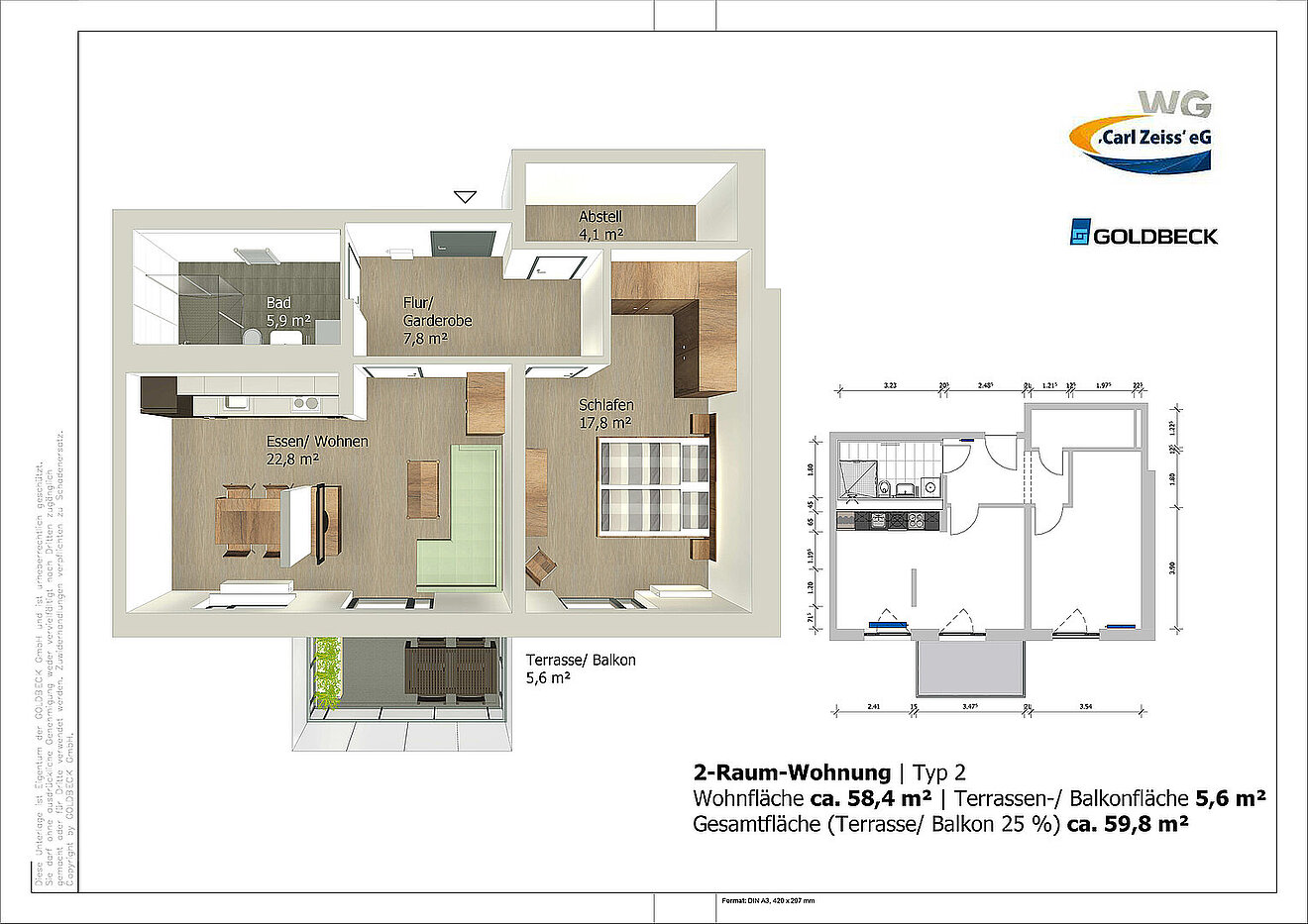 Grundriss der 2-Raum-Wohnung Typ 2 in den Erlenhöfen Jena mit ca. 58,4 m² Wohnfläche und Balkon.