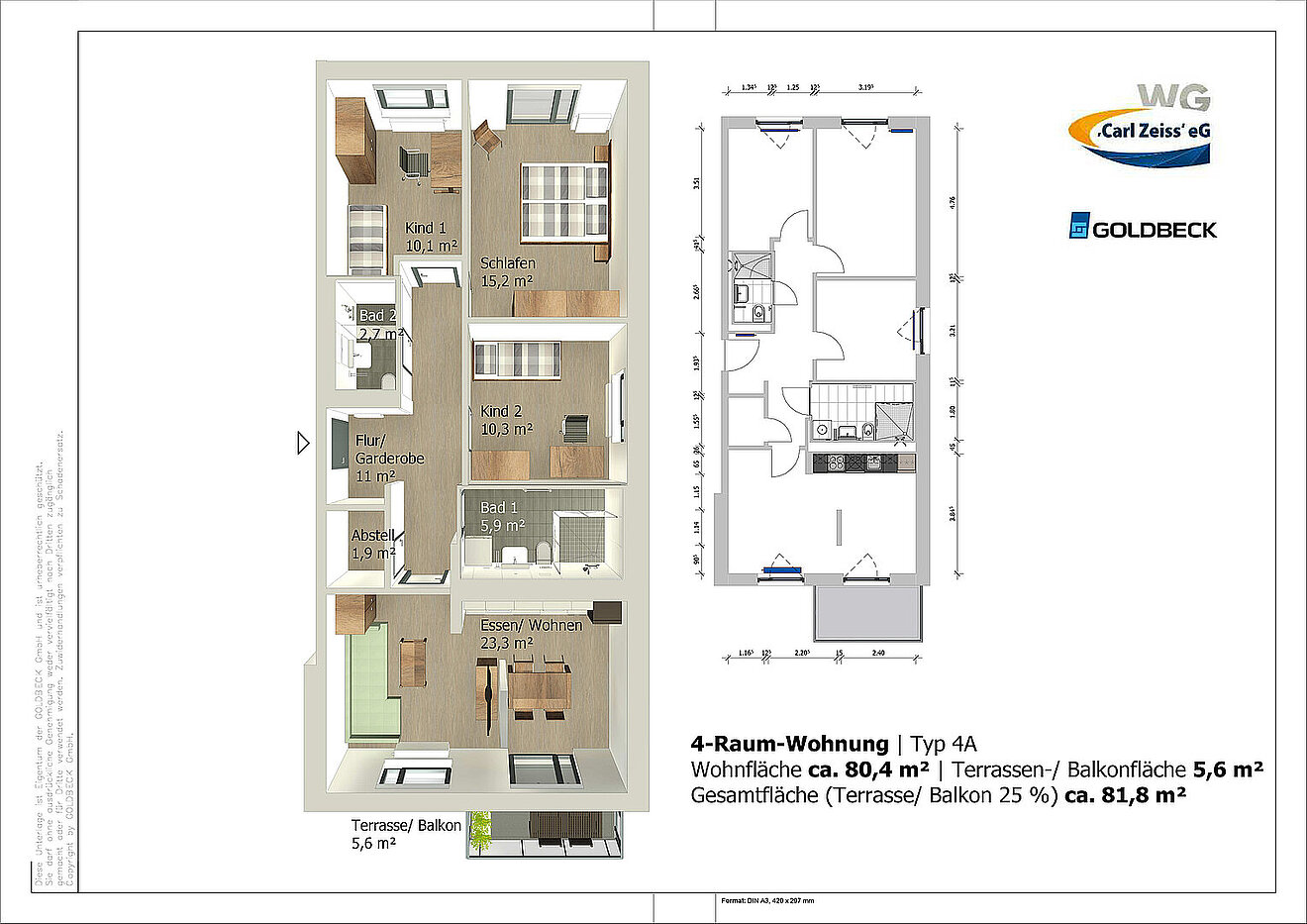 Grundriss der 4-Raum-Wohnung Typ 4A in den Erlenhöfen Jena mit ca. 80,4 m² Wohnfläche und Balkon.