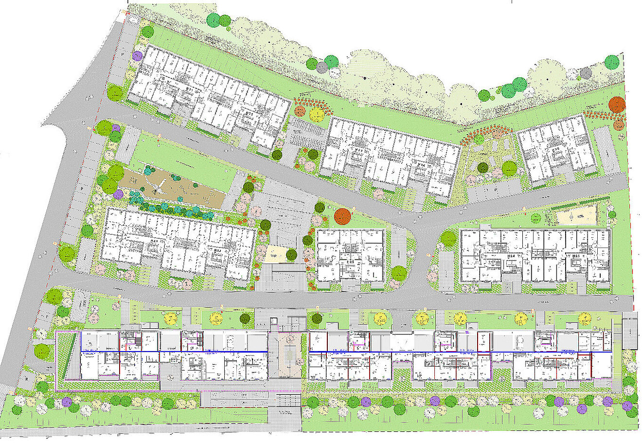 Übersicht der Pflanz- und Freianlagenplanung für das Wohnquartier Erlenhöfe in Jena mit Gebäuden, Straßen, Grünflächen, Bäumen und Außenanlagen.