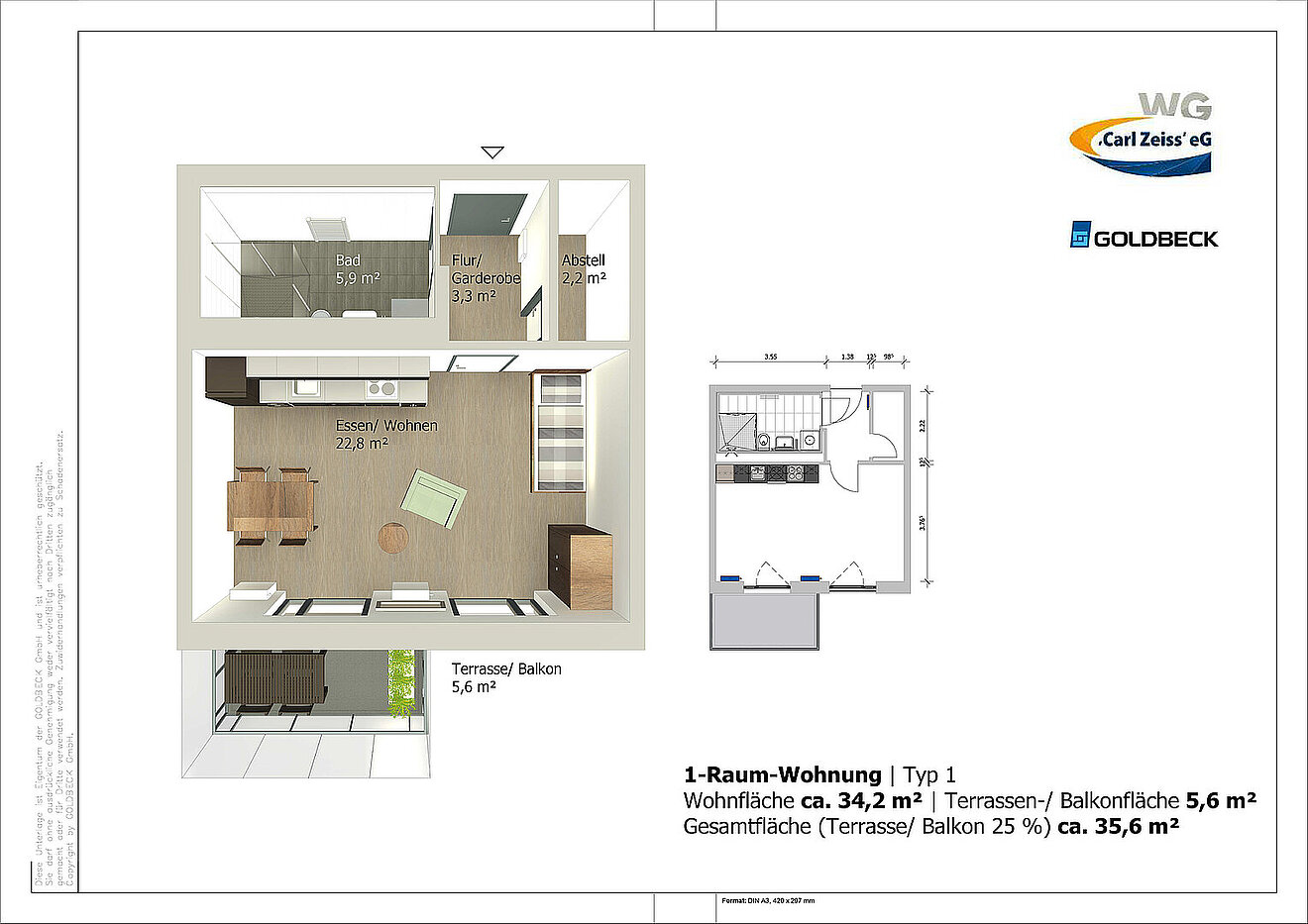 Grundriss der 1-Raum-Wohnung Typ 1 in den Erlenhöfen Jena mit ca. 34,2 m² Wohnfläche und Balkon.