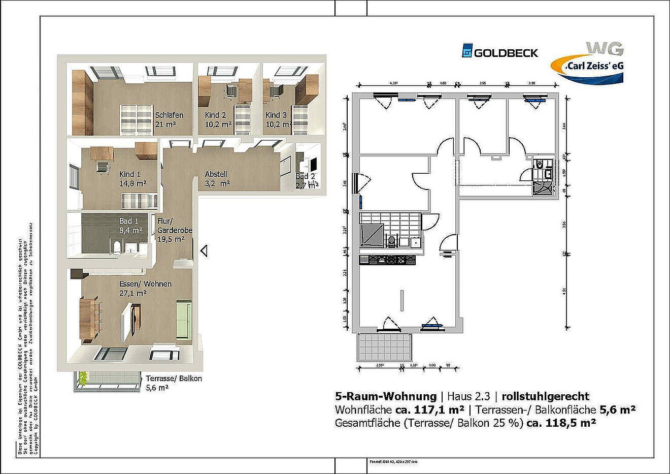 Grundriss einer rollstuhlgerechten 5-Raum-Wohnung in den Erlenhöfen Jena mit ca. 117,1 m² Wohnfläche und Balkon.