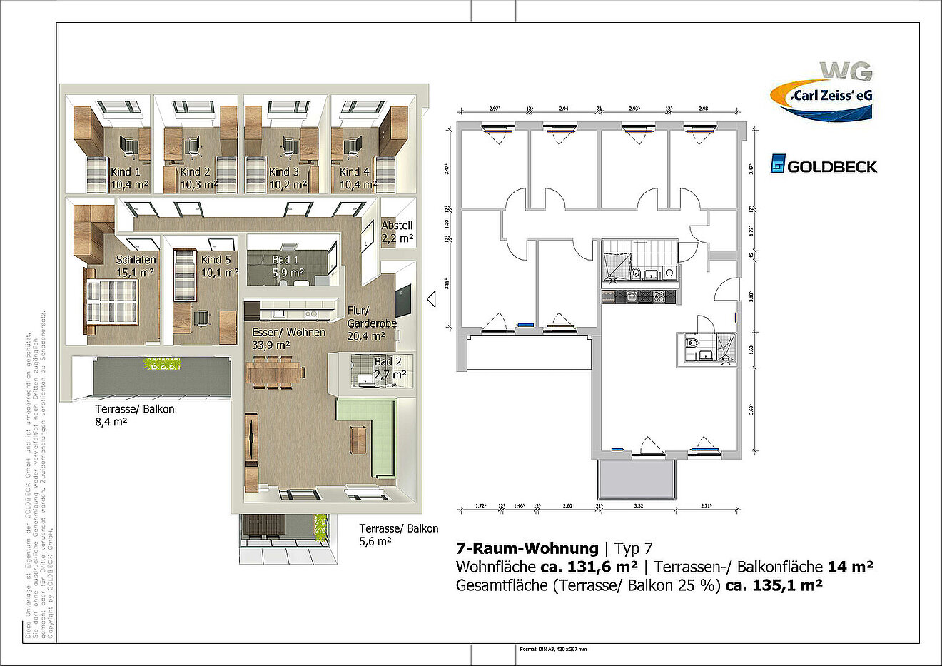 Grundriss der 7-Raum-Wohnung Typ 7 in den Erlenhöfen Jena mit ca. 131,6 m² Wohnfläche und zwei Balkonflächen.
