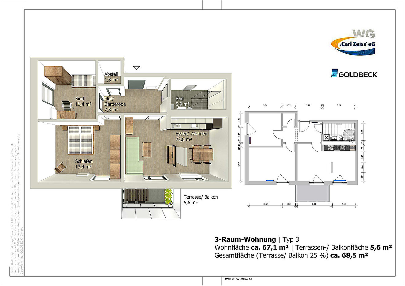 Grundriss der 3-Raum-Wohnung Typ 3 in den Erlenhöfen Jena mit ca. 67,1 m² Wohnfläche und Balkon.