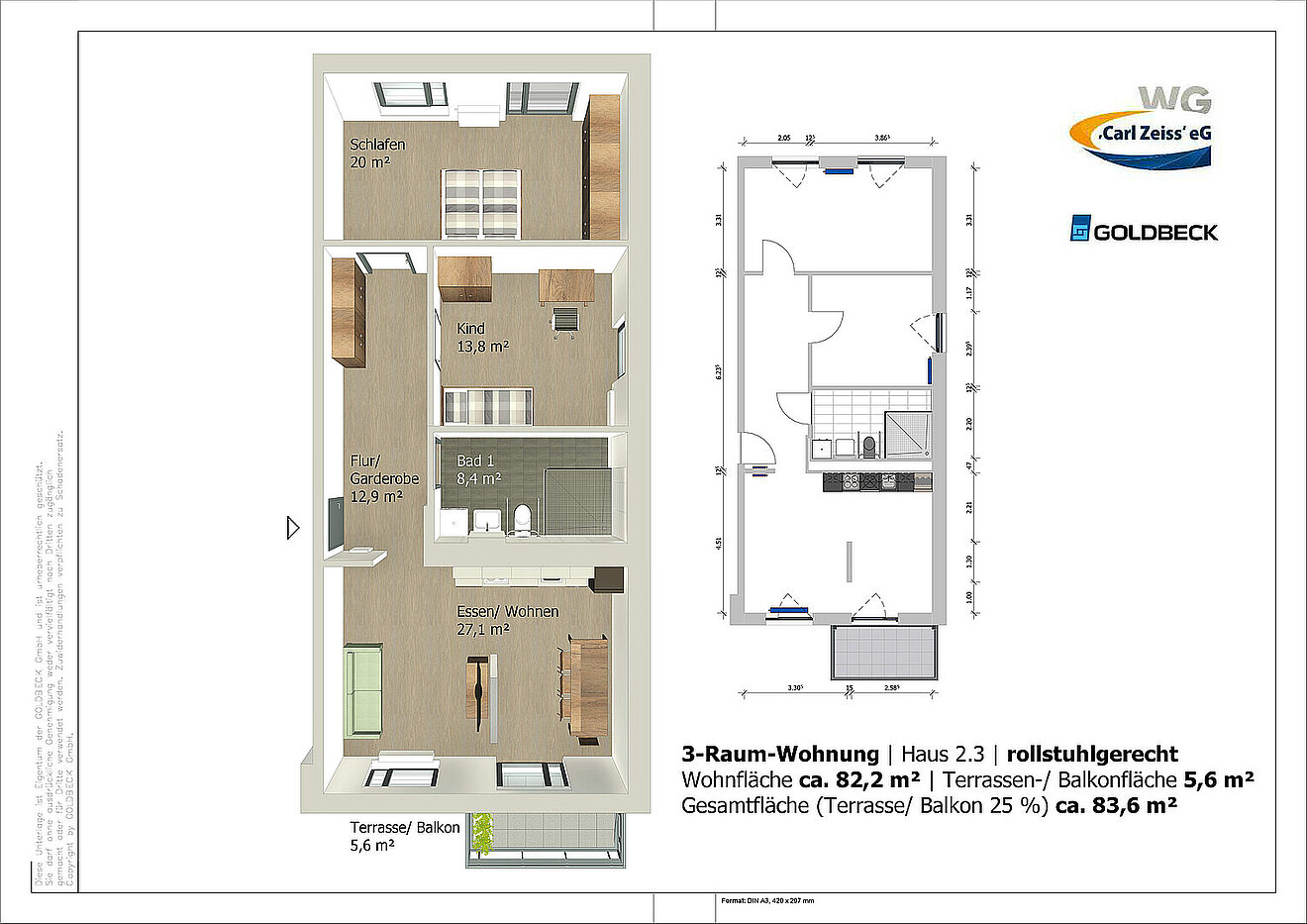 Grundriss einer rollstuhlgerechten 3-Raum-Wohnung in den Erlenhöfen Jena mit ca. 82,2 m² Wohnfläche und Balkon.