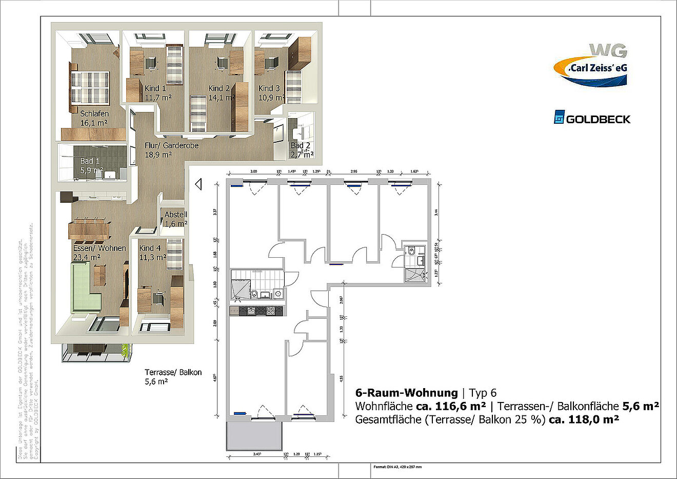 Grundriss der 6-Raum-Wohnung Typ 6 in den Erlenhöfen Jena mit ca. 116,6 m² Wohnfläche und Balkon.