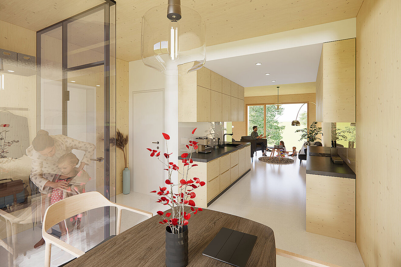 Visualisierung einer Maisonettewohnung im Projekt Erlengrün mit offenem Wohnbereich, Holztreppe, Küche und einer Familie.