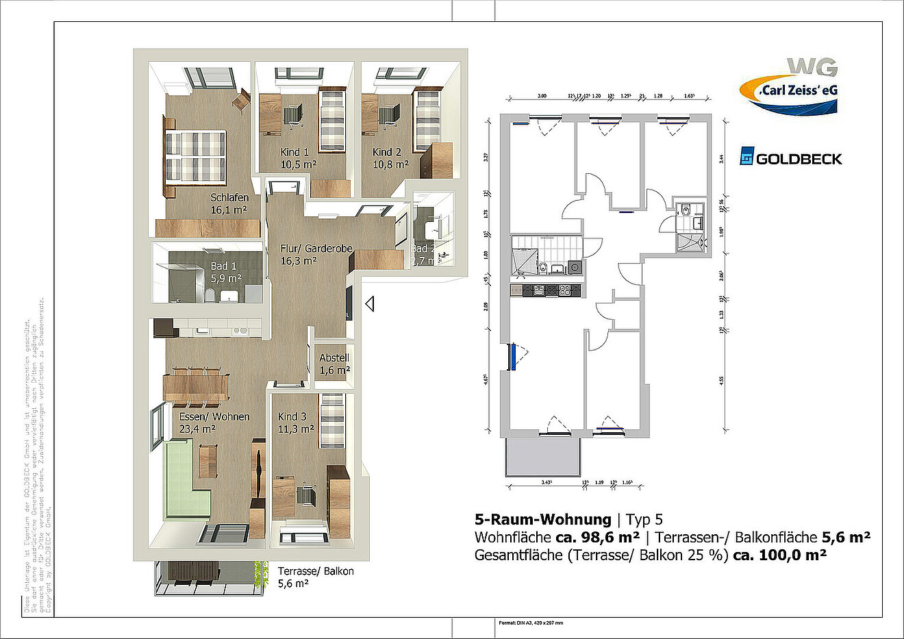 Grundriss der 5-Raum-Wohnung Typ 5 in den Erlenhöfen Jena mit ca. 98,6 m² Wohnfläche und Balkon.