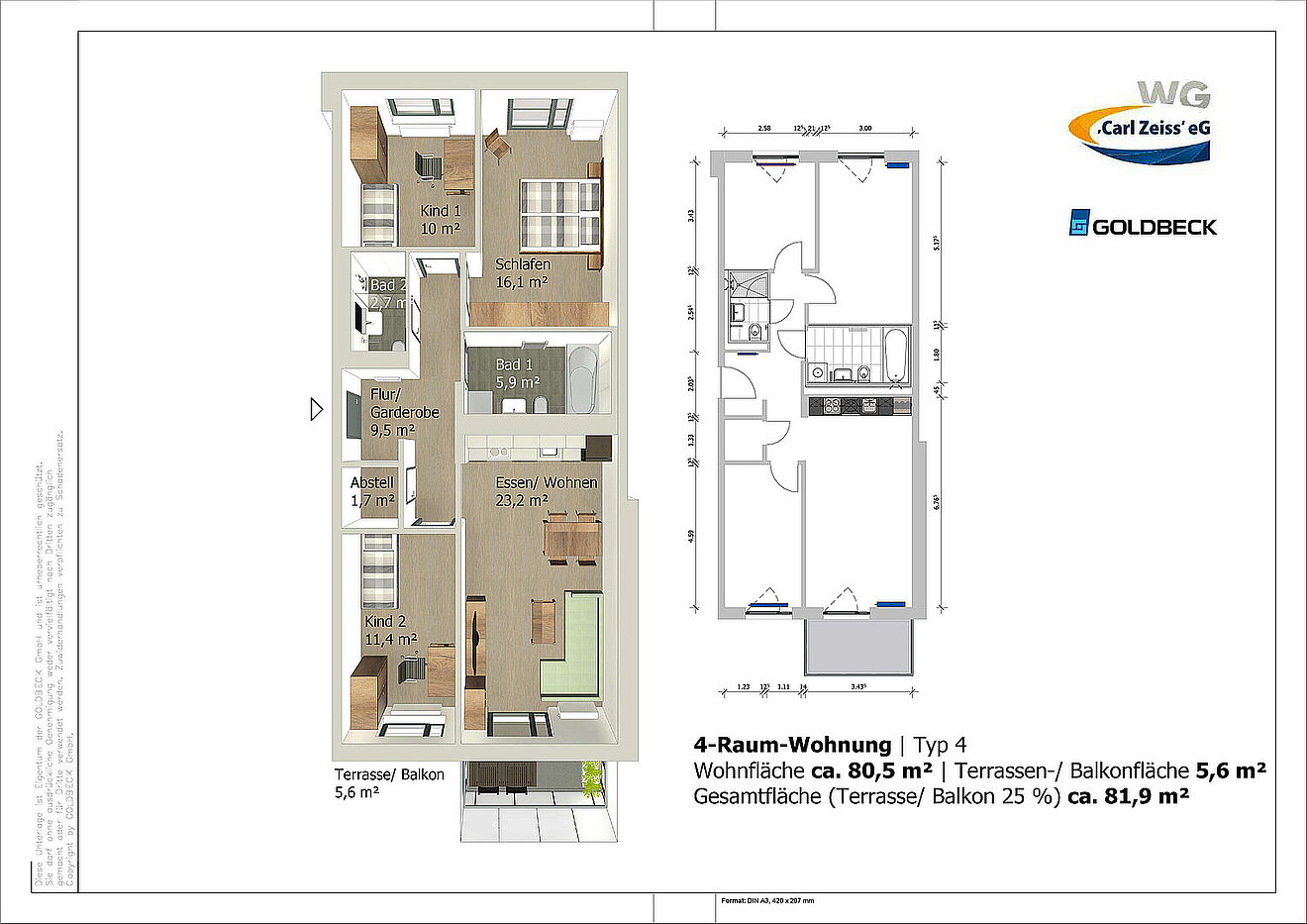 Grundriss der 4-Raum-Wohnung Typ 4 in den Erlenhöfen Jena mit ca. 80,5 m² Wohnfläche und Balkon.