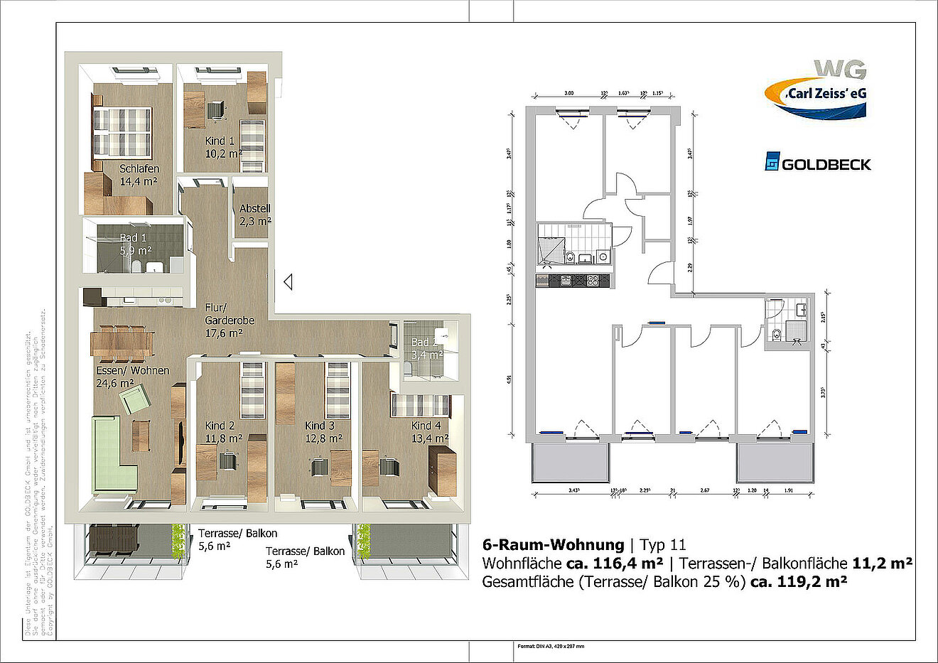 Grundriss der 6-Raum-Wohnung Typ 11 in den Erlenhöfen Jena mit ca. 116,4 m² Wohnfläche und zwei Balkonen.