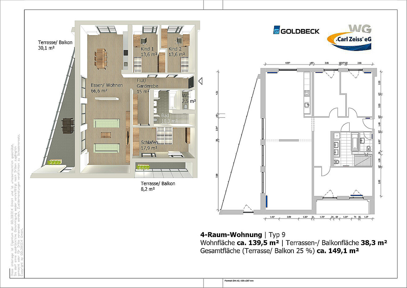 Grundriss der großzügigen 4-Raum-Wohnung Typ 9 in den Erlenhöfen Jena mit ca. 139,5 m² Wohnfläche und mehreren Terrassenflächen.