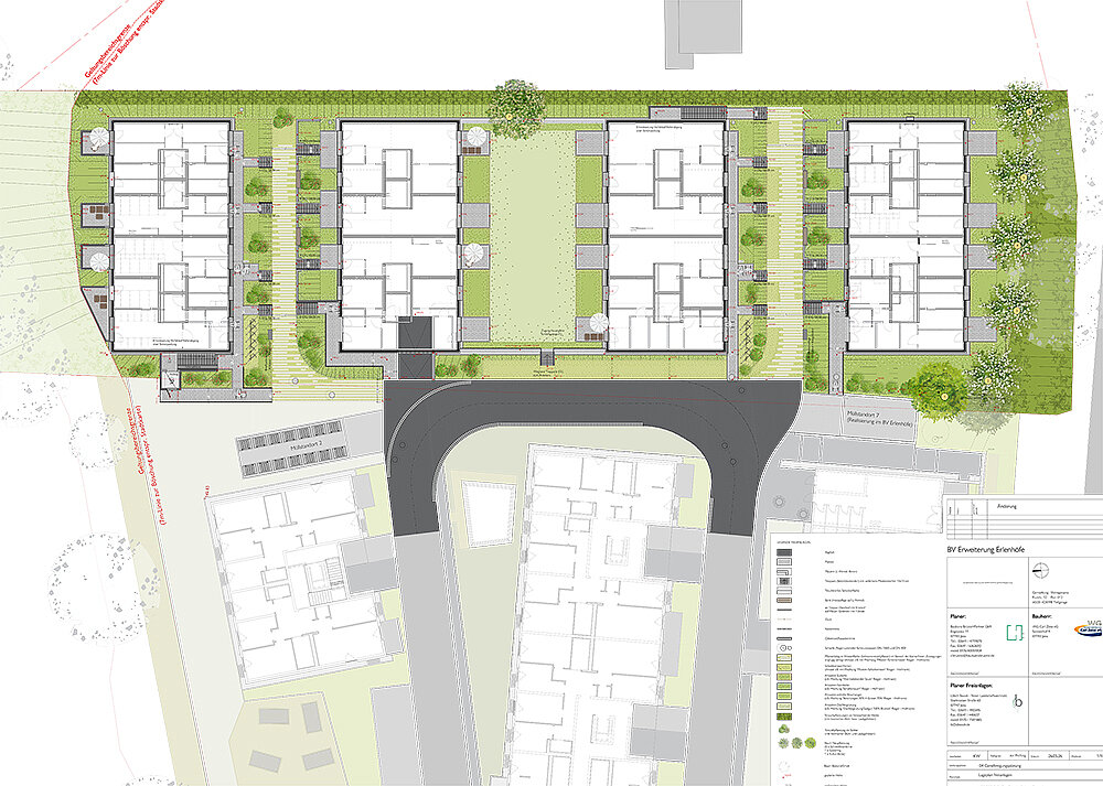 Freianlagenplan des Wohnprojekts Erlengrün in Jena mit vier Wohngebäuden, begrünten Außenflächen, Fußwegen und Erschließungsstraße.
